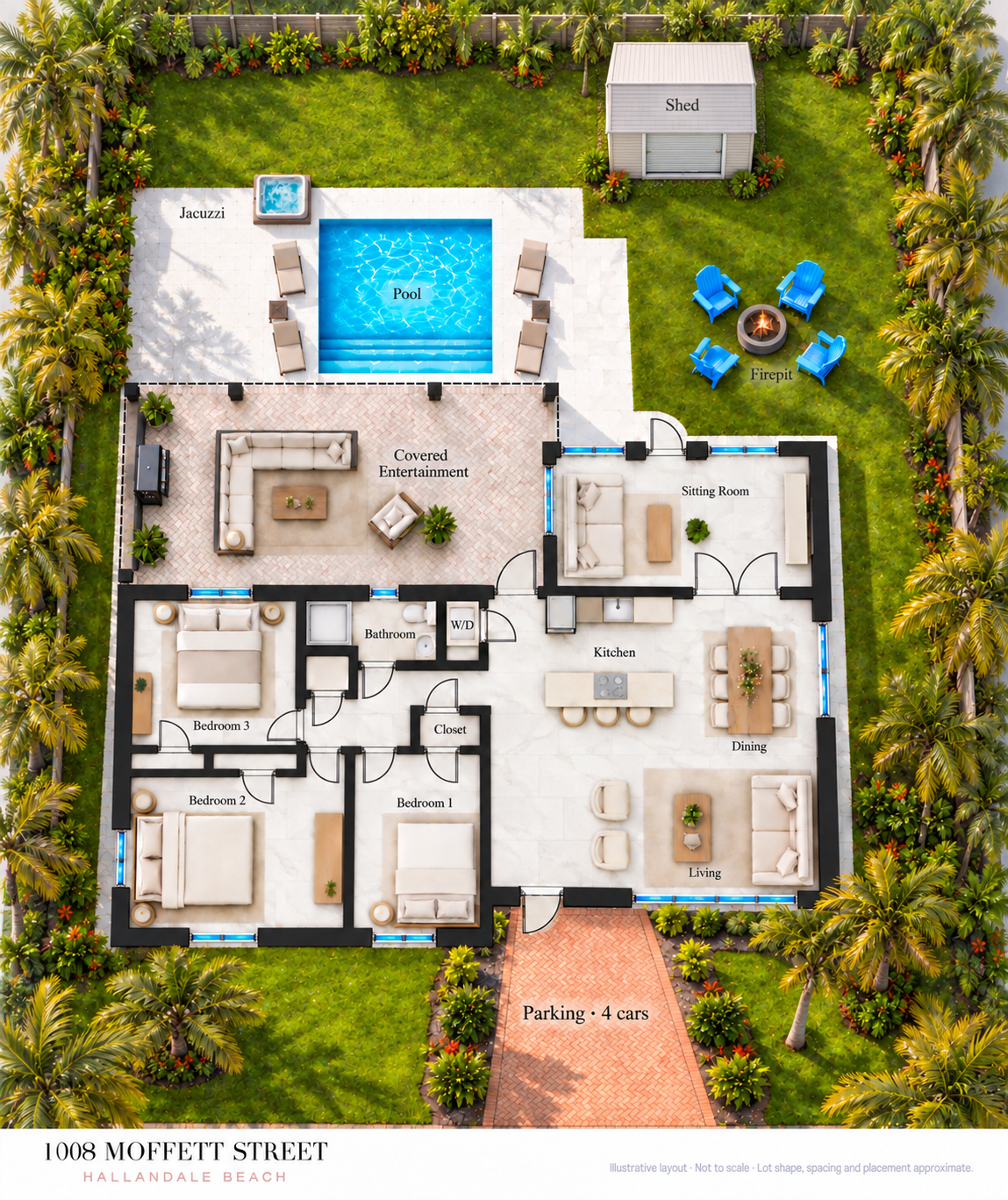 Illustrative plan showing the three-bedroom home, covered outdoor entertainment area, pool, jacuzzi, firepit, shed and parking